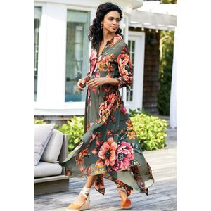 Soft Surroundings Provencia Green Floral Dress Sz Small Handkerchief Hem Maxi